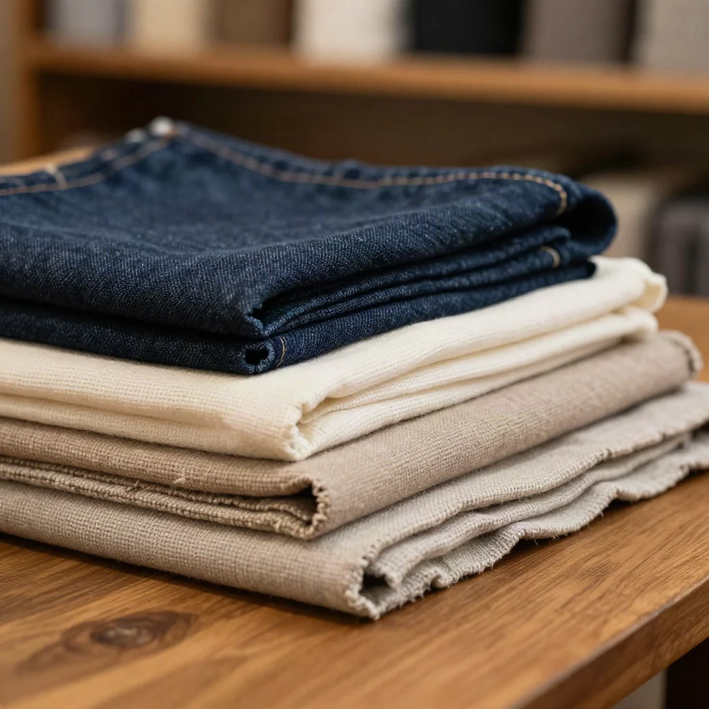 Macro photograph of folded denim, cotton twill and wool fabric bolts